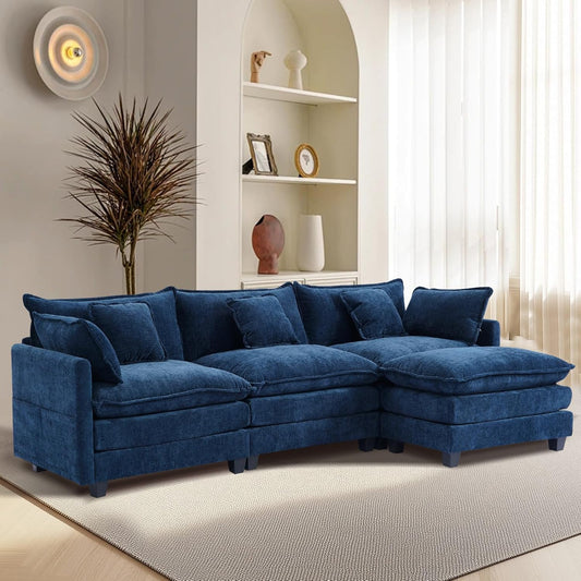 Furniliving 112‘’ L-Shaped Sofa, Luxury Chenille Modular Sectional Couches with Ottoman, Upholstered Deep Seat Sleeper Sofa with Memory Foam and Waist Pillows, Blue