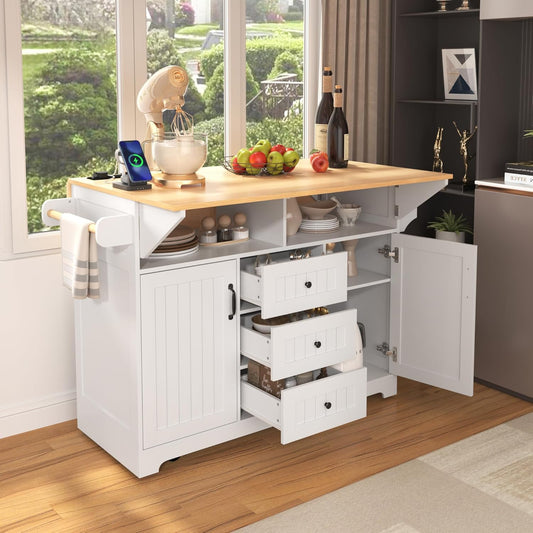 56" Large Kitchen Island with 2 Drop Leafs,Rolling Kitchen Cart on 5 Wheels W/Power Outlet & 3 Drawers,Folding Storage Dining Table W/Spice & Towel Racks,for Kitchen,Dining Room,White