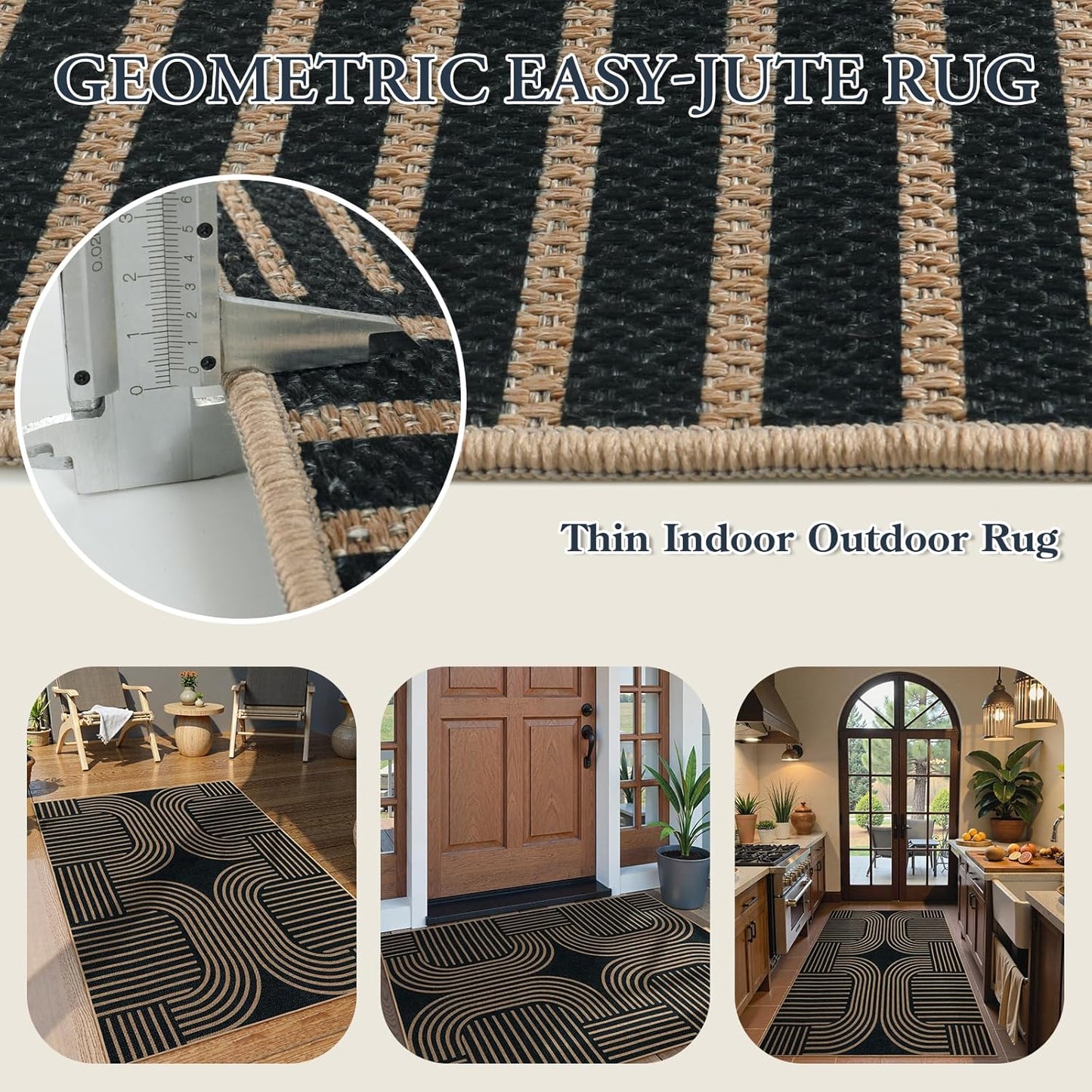 Lahome Modern Geometric Outdoor Easy Jute Rug, 3x5 Indoor Outdoor Rugs for Entryway Black Living Room Carpet, Farmhouse Washable Non Slip Carpet for Patio Courtyard Bedroom
