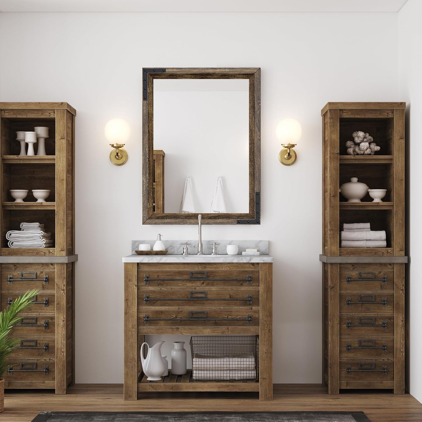 YOSHOOT Farmhouse Bathroom Mirror, Rustic Wooden Framed Mirror, Wood Vanity Mirror, Solid Wood & Handmade, Vertical or Horizontal Hanging for Bathroom Entryway Living Room Bedroom, 32" x 24", Brown