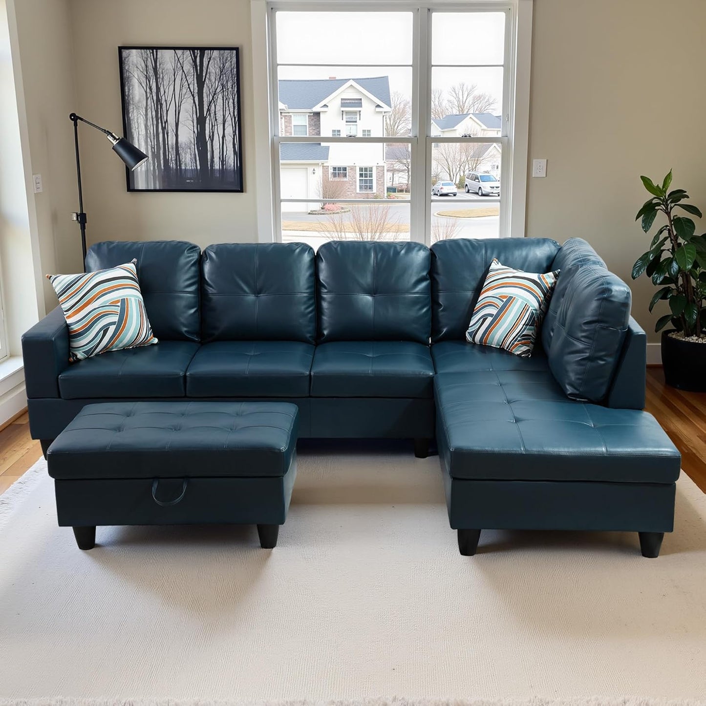 Osparple Sectional Couch PU Leather L Shaped Couch 3 Pieces Modular Sectional Sofa with Storage Ottoman for Living Room and Small Apartment, Peacock Blue