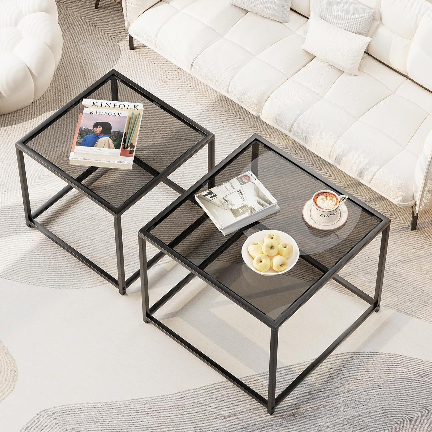 Garden 4 you Coffee Table Set of 2, Modern Glass Nesting Table, Metal Frame Square Center Table Set, Side Tables, Nesting Coffee Table for Living Room, Bedroom and Small Spaces, 23.6in Grey