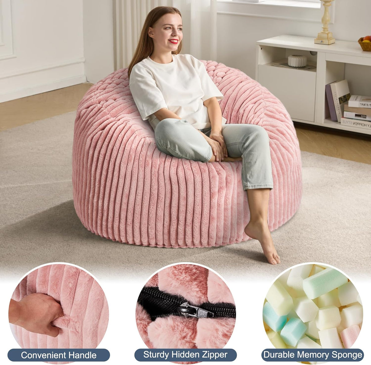 3ft Bean Bag Chairs for Adults Large Beanbag Chair with Stripe Plush Cover Big Bean Bag Chair for Living Room Bedroom Dorm Office
