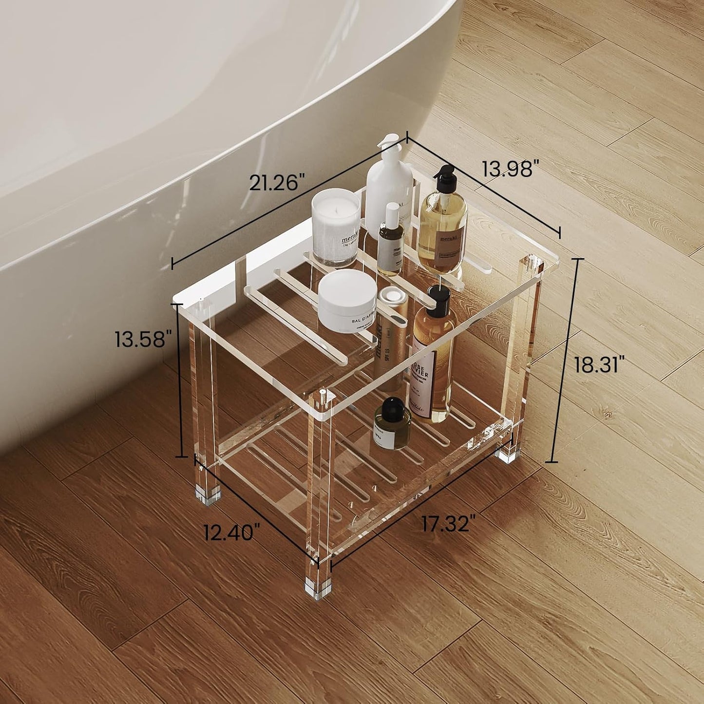 Acrylic Shower Bench for Inside Shower 13.98" D X 21.26" W X 18.31" H, Heavy Duty (Hold Up to 300lbs) Bathroom Shower Stool with Storage Shelf, for Shaving Legs & Spa, Waterproof Non-Slip