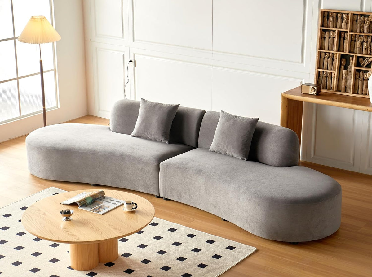 Container Furniture Direct 132" Curved Sofa with Throw Pillows, 6 Seater Luxury Velvet Couch with Half Moon Design and High-Density Foam, Ideal for Modern Living Room, Office & Apartment, Grey