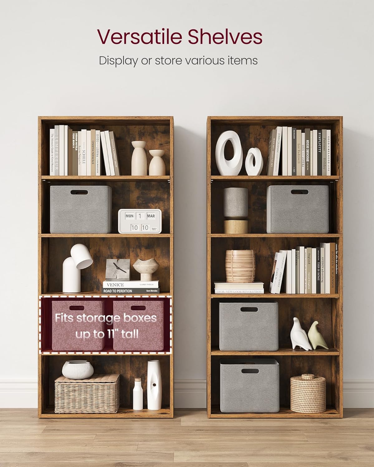 VASAGLE CUSTOS Collection - Bookshelf, 5-Tier Bookcase, Book Shelf, Open Storage Shelf, 9.4 x 23.6 x 52.8 Inches, for Living Room, Home Office, Dinning Room, Rustic Brown ULBC165X01
