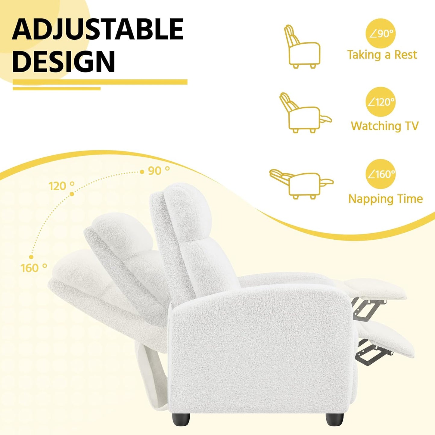 Yaheetech Boucle Recliner Chair Single Sofa Home Theater Seating Adjustable Modern Single Reclining Chair for Living Room Bedroom Home Theater White