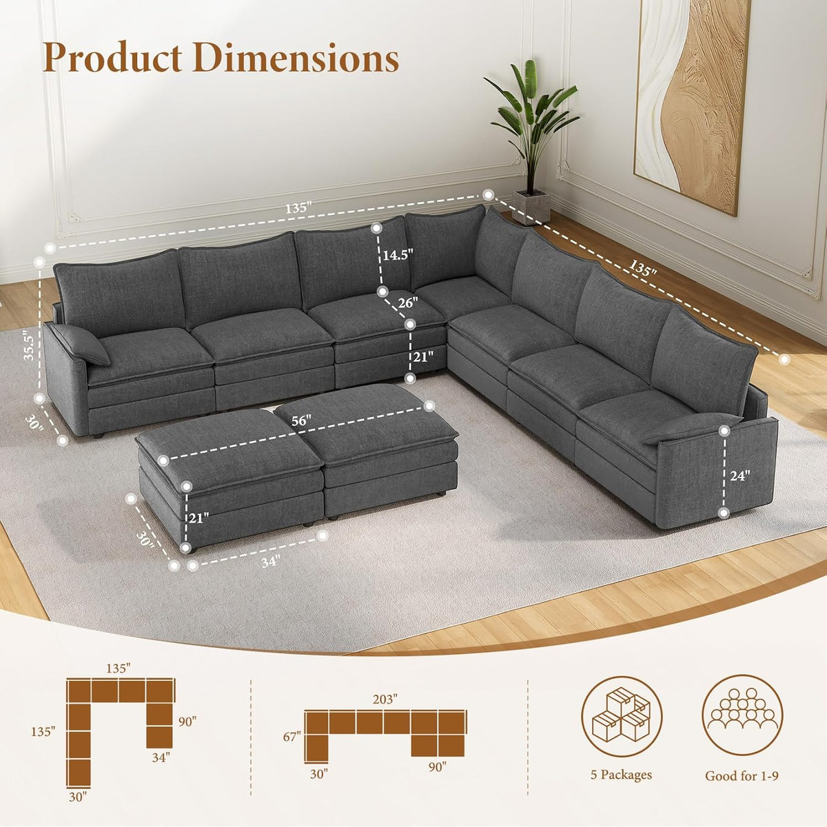 Vesgantti Large Modular Sectional Sofa, Big Comfy Cloud Couch with Ottoman Deep Seat Chenille Cloud Sofa, 9 Seater Large Sectional Couches for Living Room, Bedroom and Apartment, Gray