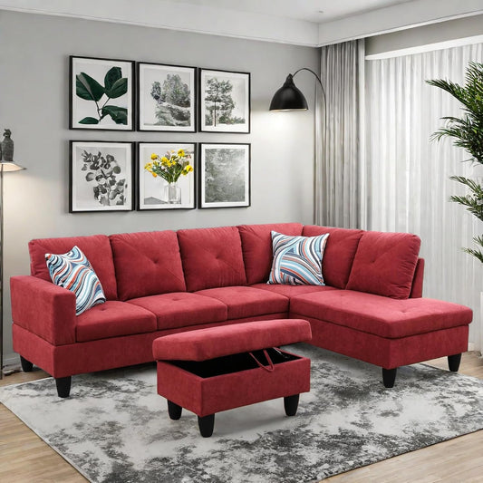 Modular Sectional Couch, L Shaped Couch with Storage, Convertible Sofa with Ottomans, Modern Sectional Sofa for Living Room and Office, Red