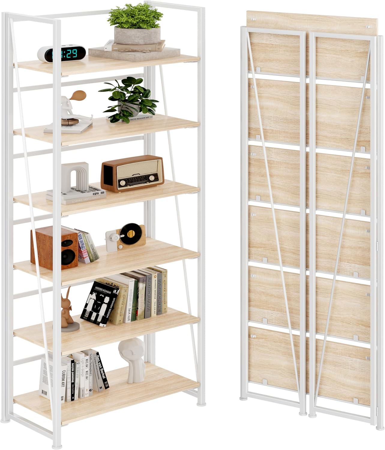 BHG Vintage Multifunctional Folding Bookshelf, No-Assembly Plant Stand Storage Rack Shelves for Home Office