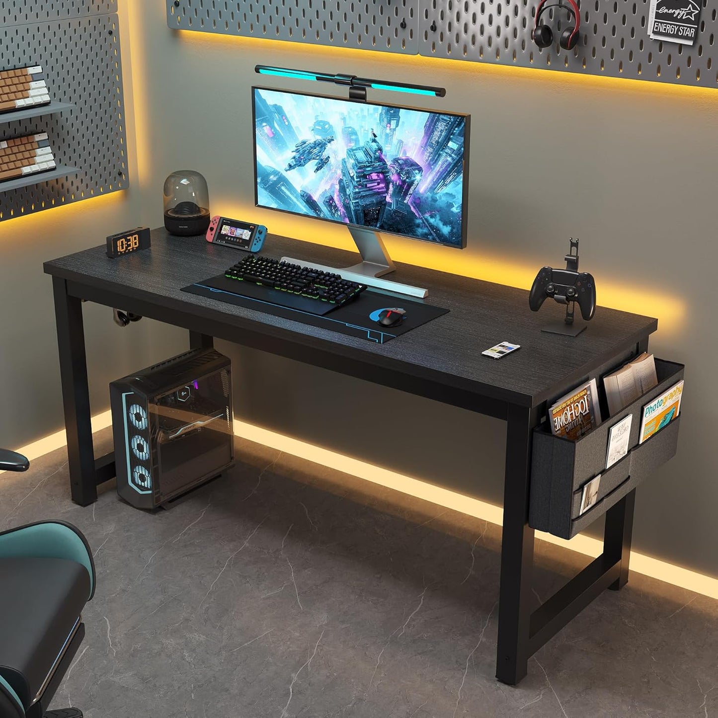 Large Computer Desk - 63 Inch Home Office Desks Study Student Writing Table Gaming Desk Wood Modern Simple Table with Storage Bag & Headphone Hooks, Black