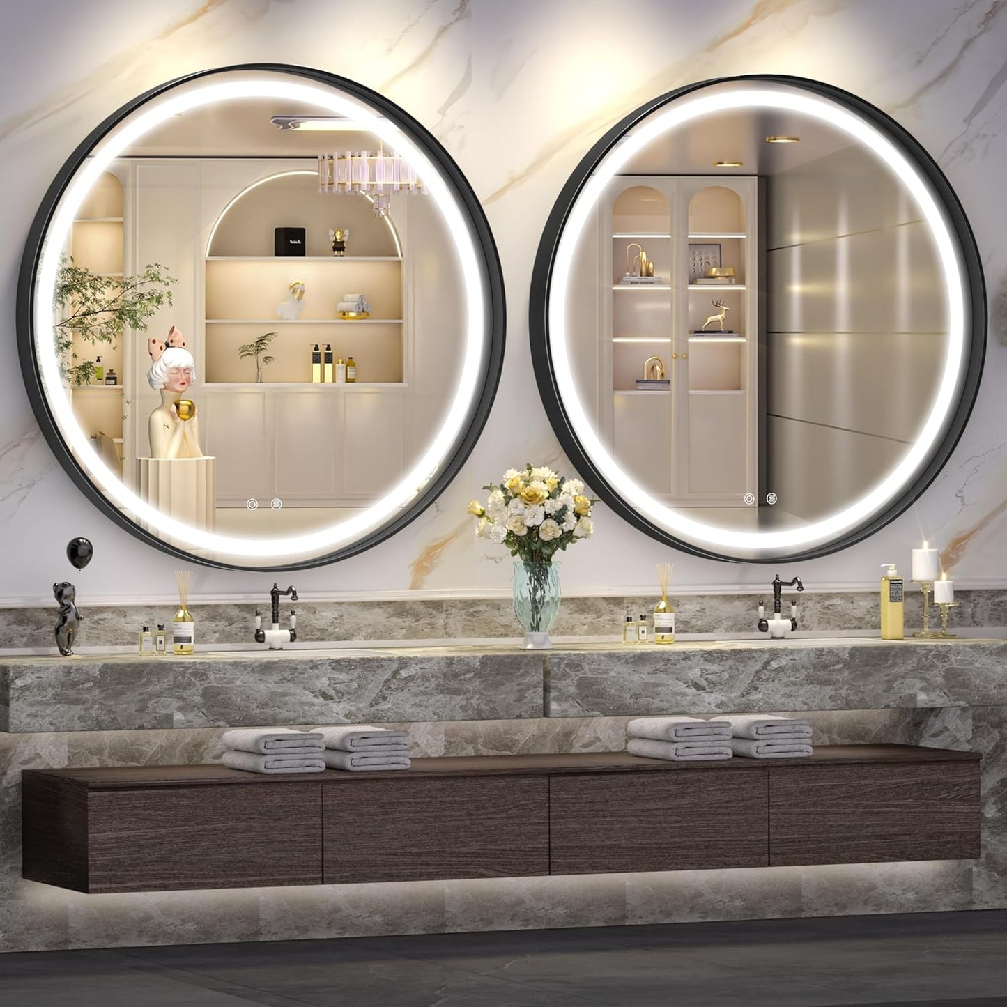 Hasipu 32 Round LED Mirror for Bathroom with Lights, Black Circle Vanity Mirror for Wall, Metal Framed Frontlit Bathroom Mirrors Anti-Fog, Dimmable, 3 Colors Makeup Mirror Wall Mounted