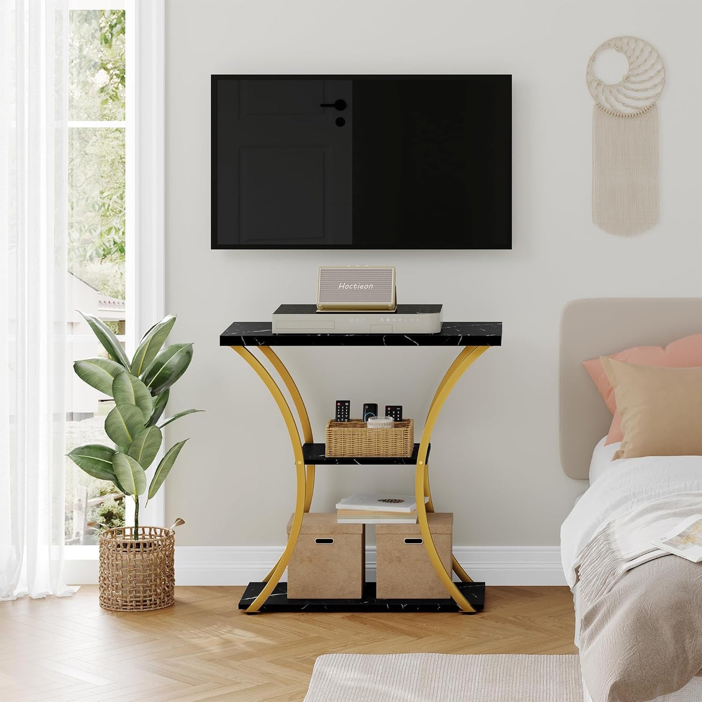 Hoctieon 3 Tier Console Table with Open Wood Shelves, Decorative Entryway Table with Curved Metal Frames, Narrow Sofa Table for Entrance, Living Room, Hallway, Gold and Black Marbled