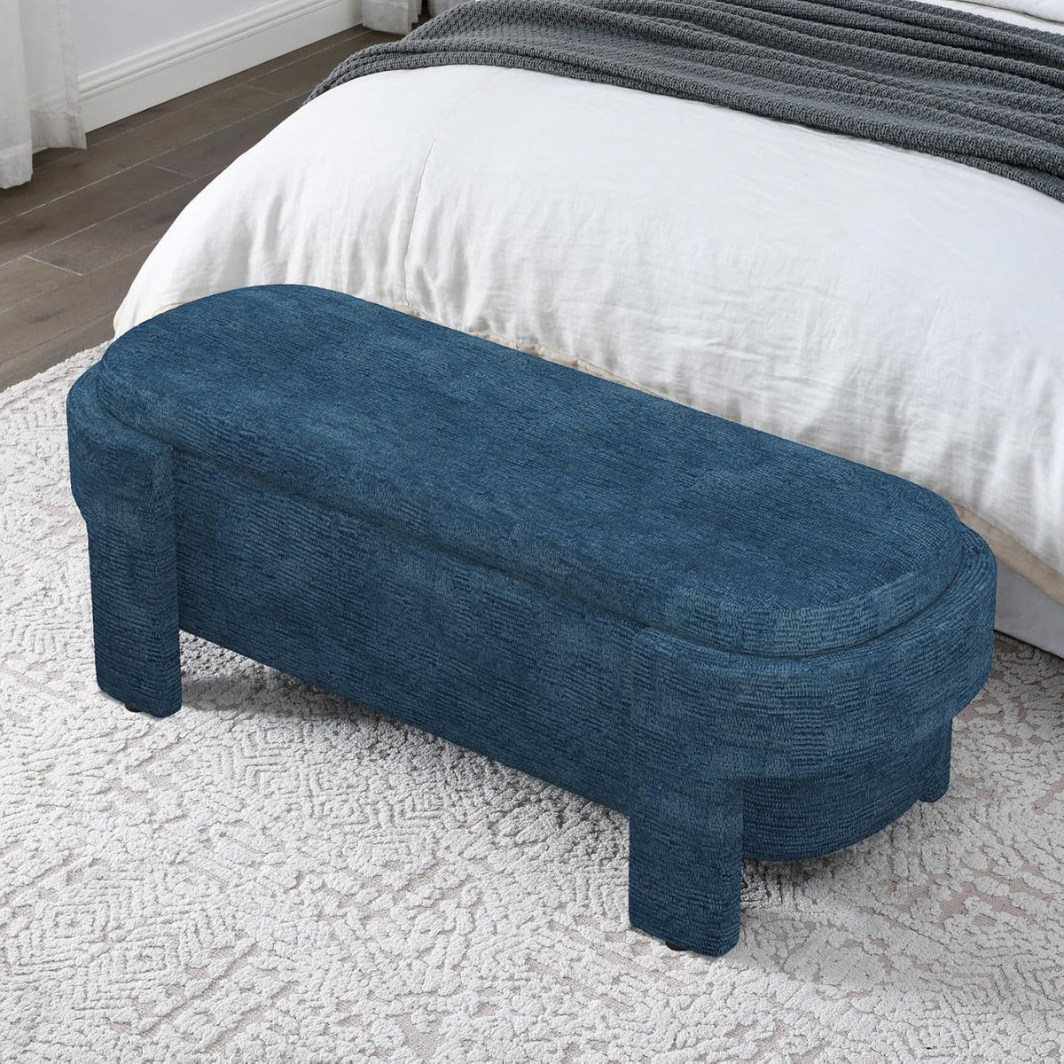 KEIKI 51" Linen Ottoman Bench with Large Storage Space, Upholstered Seating Foot Rest Stool Furniture for Bedroom, Living Room, Entryway, Dark Blue