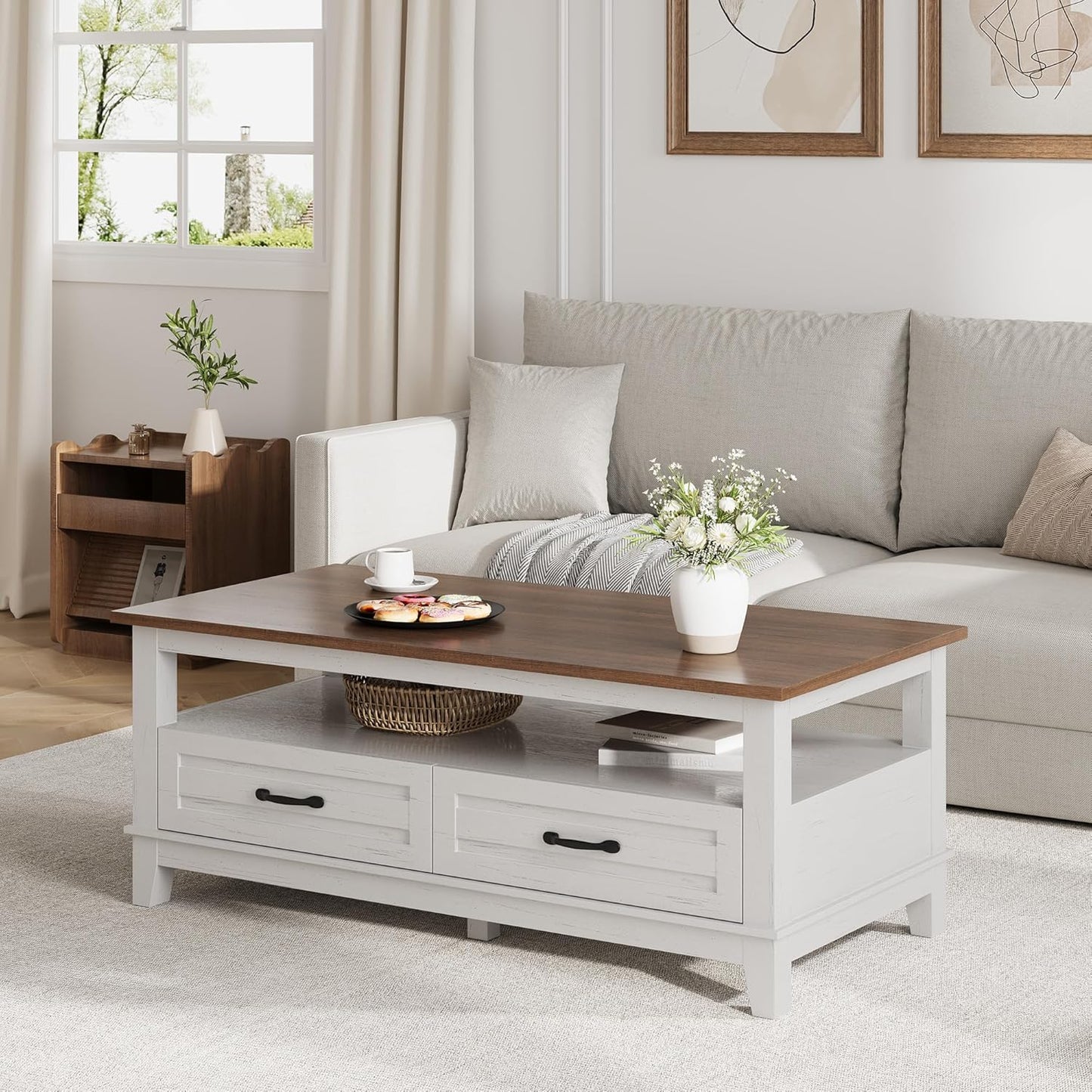 GarveeHome Farmhouse Coffee Table with Drawers, 47.2" Center Table Rustic Coffee Tables White Brown Living Room Table, with Open Shelf and 6 Support Legs