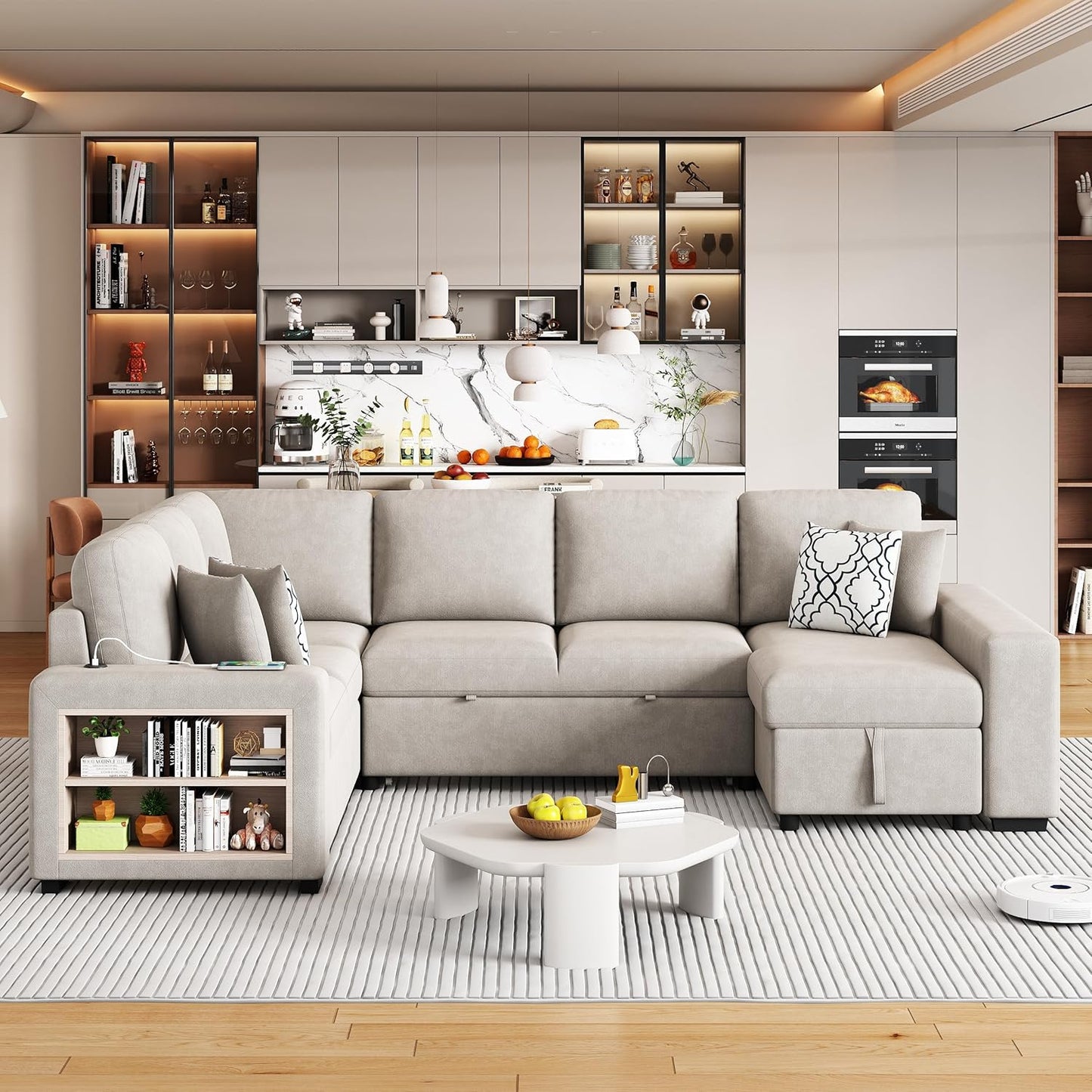 109" U-shaped Sectional Pull-out Sofa Bed with Storage Chaise,2-in-1 Convertible Couch W/ 4 Back Pillow & 2 USB Ports,Luxurious Sleeper Furniture Set for Living Room Large Space,Beige Chenille