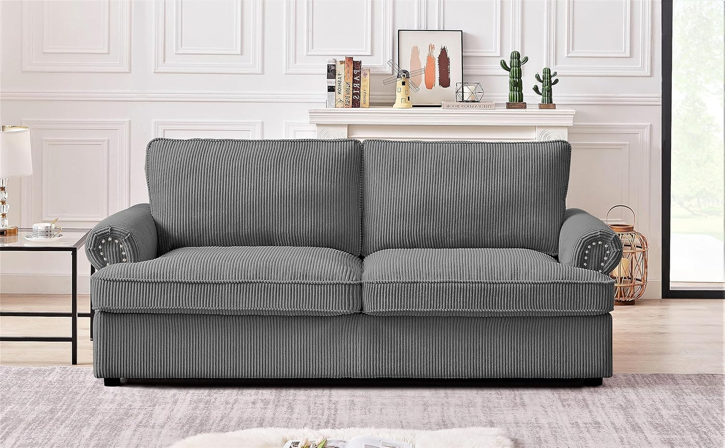 Reversible Sleeper Sofa Bed with Comfortable Memory Foam Mattress, Convertible Corduroy Full Size Pull Out Couch for Living Room, Space Saving Furniture, 72" Wide, Rounded Arms, Grey