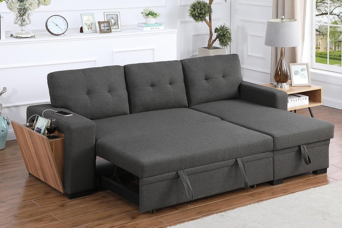 Devion Furniture Philly 4-in-1 Convertible L Shaped Couch with Pull Out Bed and Storage, Sectional Sleeper Sofa with Reversible Chaise for Living Room, Apartment, Bedroom, Office