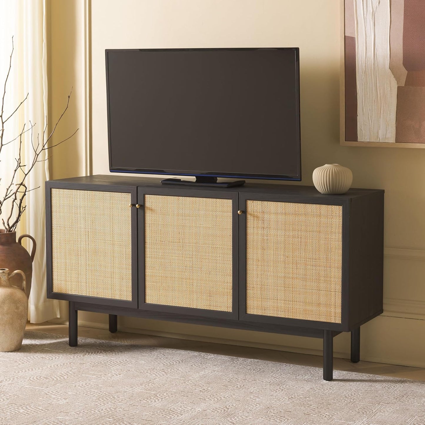 SAFAVIEH Aino TV Stand for up to 60" Flatscreen – Black with Rattan Mesh, 3 Doors with Interior Storage, Sideboard Cabinet, Entertainment Media Console (MED9618B)