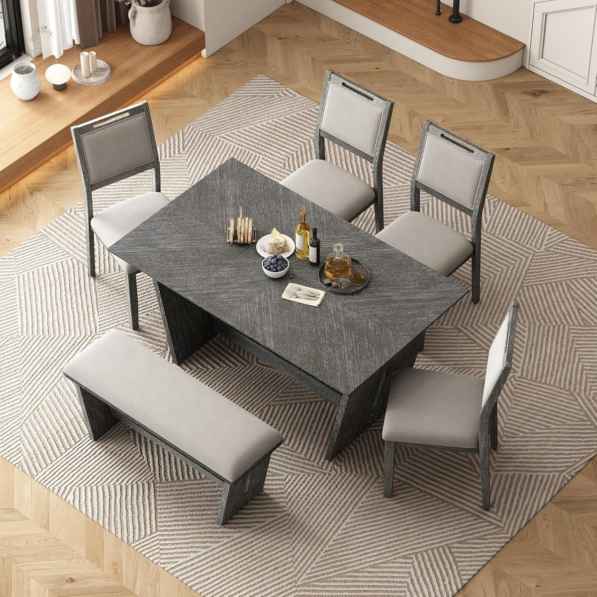 Merax 6-Piece Retro Dining Set, 1 Rectangular Table with Stable Trapezoidal Table Base and 4 Upholstered Chairs and 1 Bench for Dining Room and Kitchen, Antique Gray