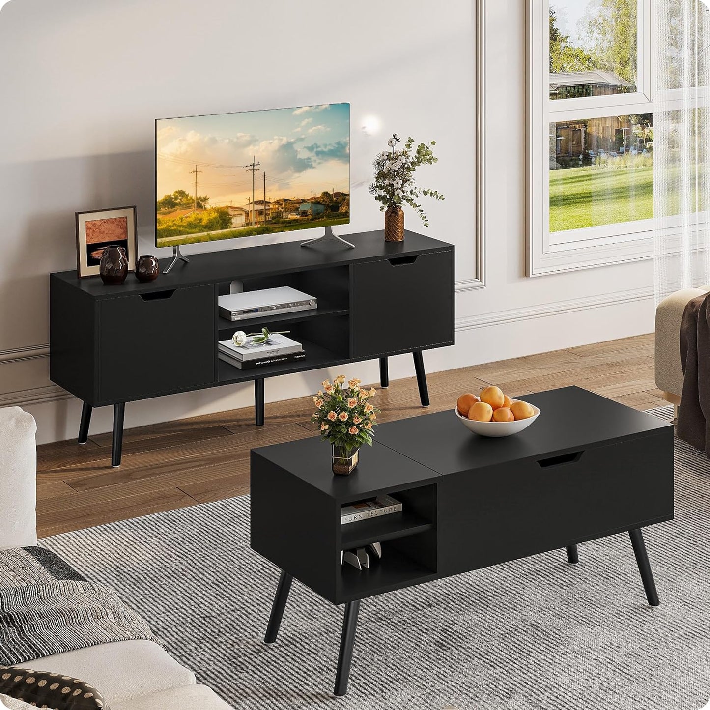 ALINE FURNITURE Black TV Stand for 50 55 60 inch TVs - Media Console with 2 Cabinets & Open Shelves, Solid Wood Legs - TV Consoles for Living Room - 22" H Entertainment Center for Bedroom