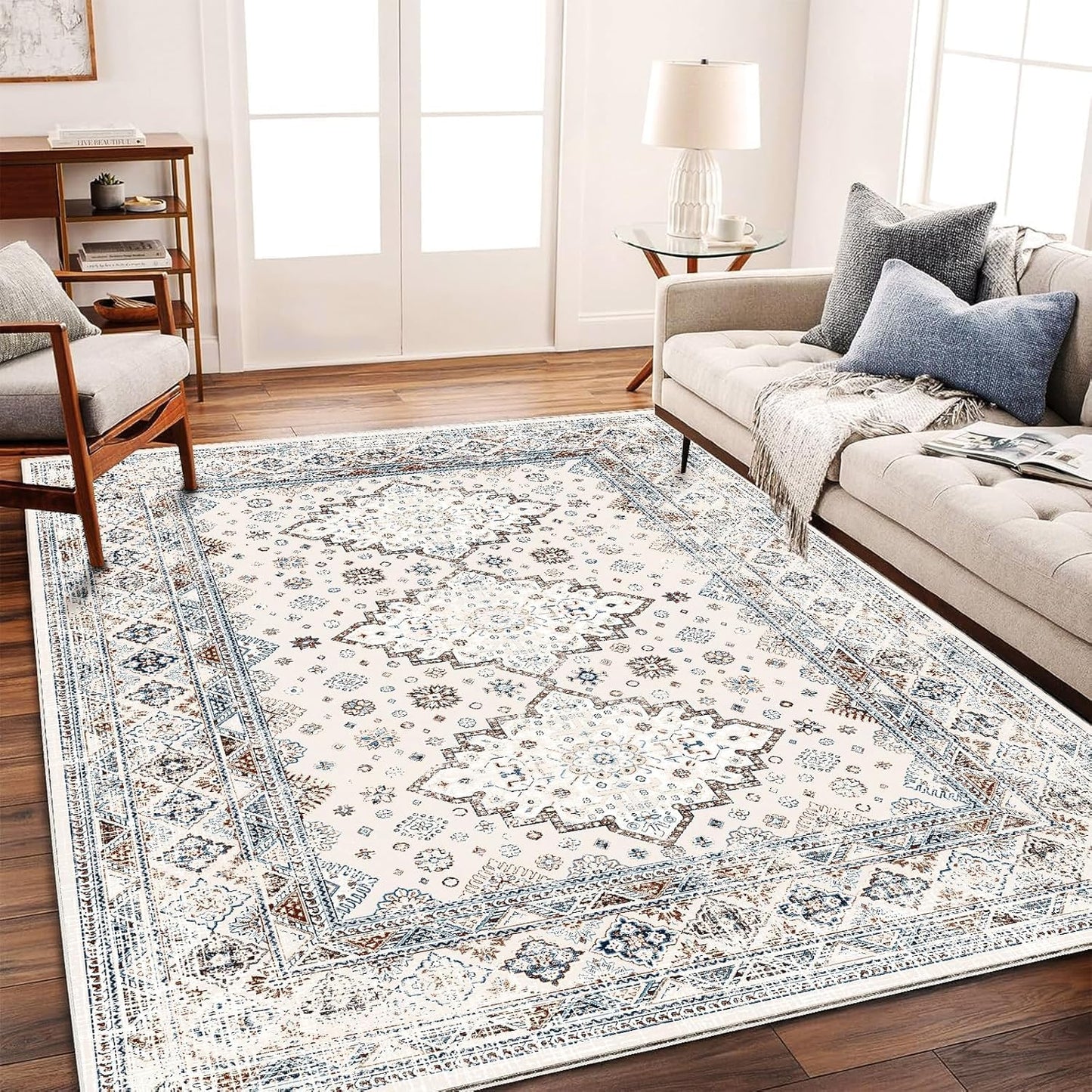 Washable Area Rug 9x12 Retro Flowers Boho Design Non-Shedding Easy Care Ideal for High Traffic Areas in Living Room Bedroom Office Coffee Table Kitchen Large Carpet