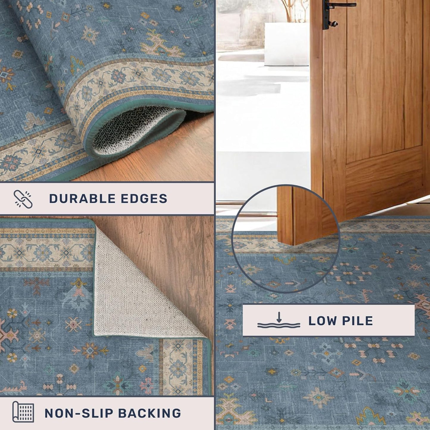 Washable Blue Rugs for Entryway Indoor - 3x4 Throw Rug for Large Kitchen, Bedroom Bedside, Bathroom, Mudroom, Boho Eclectic Modern Décor, Non Slip Low Pile Fade Resistant