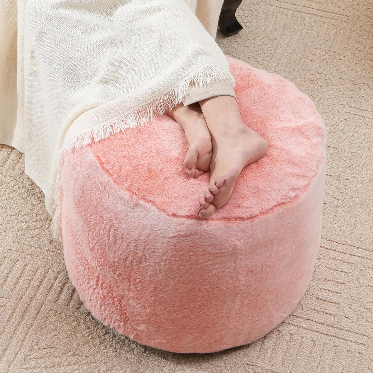 Orange Ottomon with Storage 20"x15" Vanity Stool for Bean Bag Chairs for Adults Kids Filled Floor Pouf Footrest Ottoman Furry Storage Ottoman Round Boho Ottomans for Living Room Decor