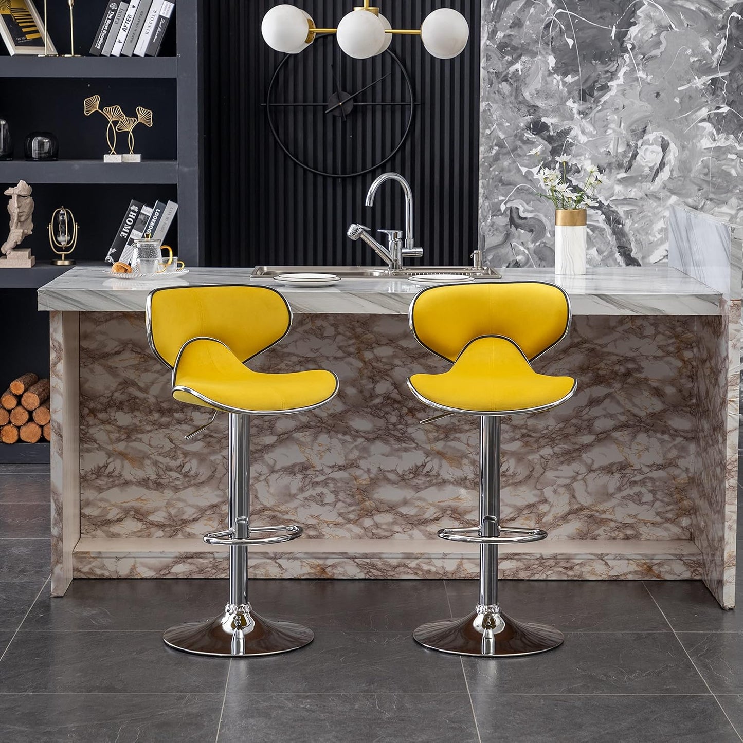 Roundhill Furniture Masaccio Velvet Upholstered Adjustable Swivel Barstool, Set of 2, Yellow