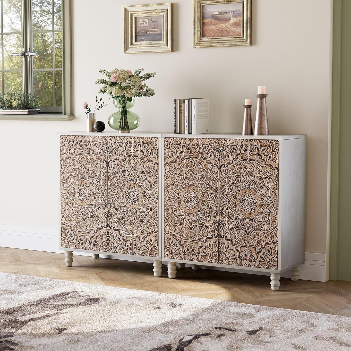 COSIEST Set of 2 32" Buffet Sideboard Cabinets with Vintage Firework Carved Pinewood Doors, Push-to-Open, Storage Accent Cabinet for Living Room, Kitchen, Hallway, Gray