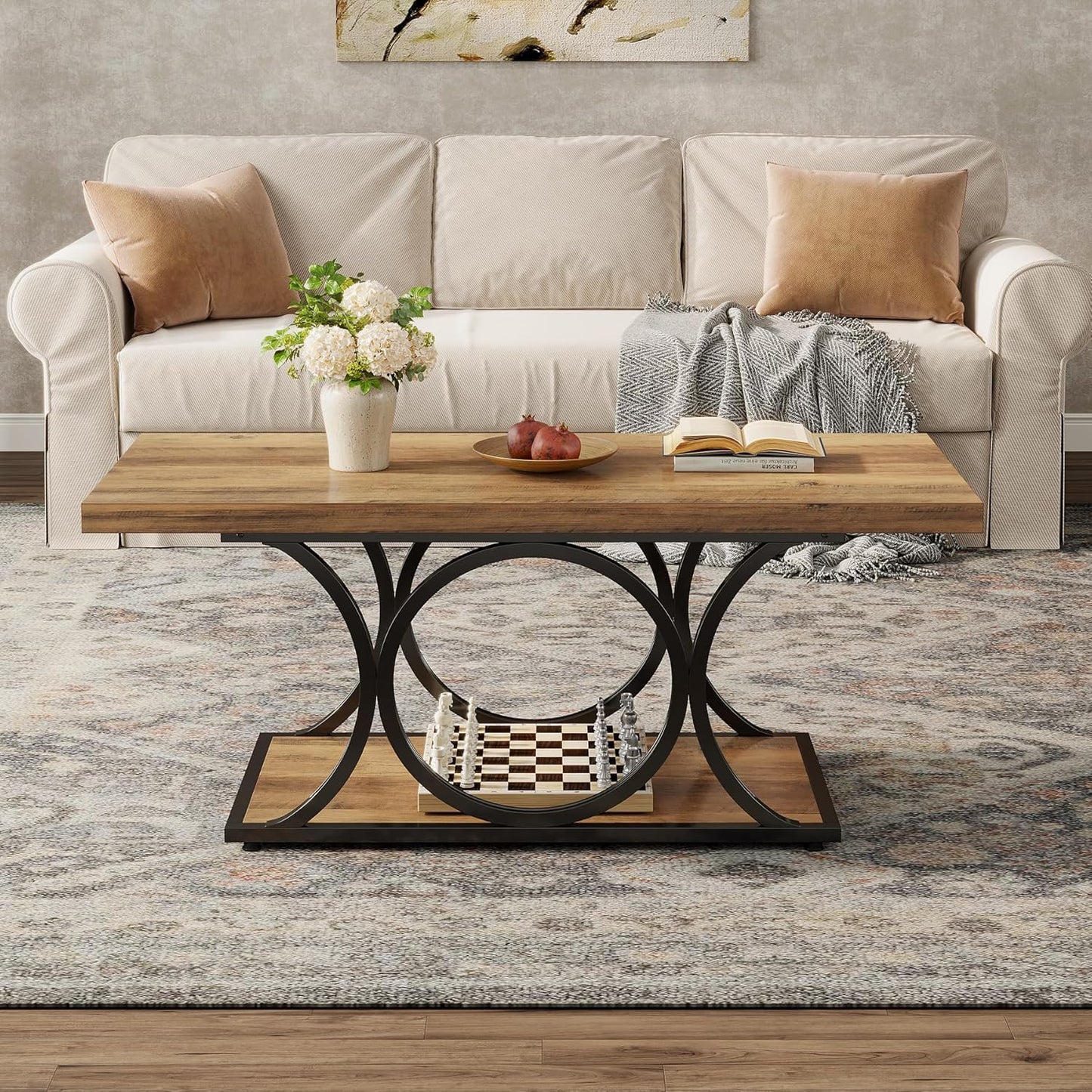 Tribesigns Rectangle Coffee Table, 47.24-inch Rustic Coffee Tables for Living Room, 2-Tier Farmhouse Wooden Coffee Table with Geometric Metal Legs, Home Furniture with Storage Shelf (Brown & Black)