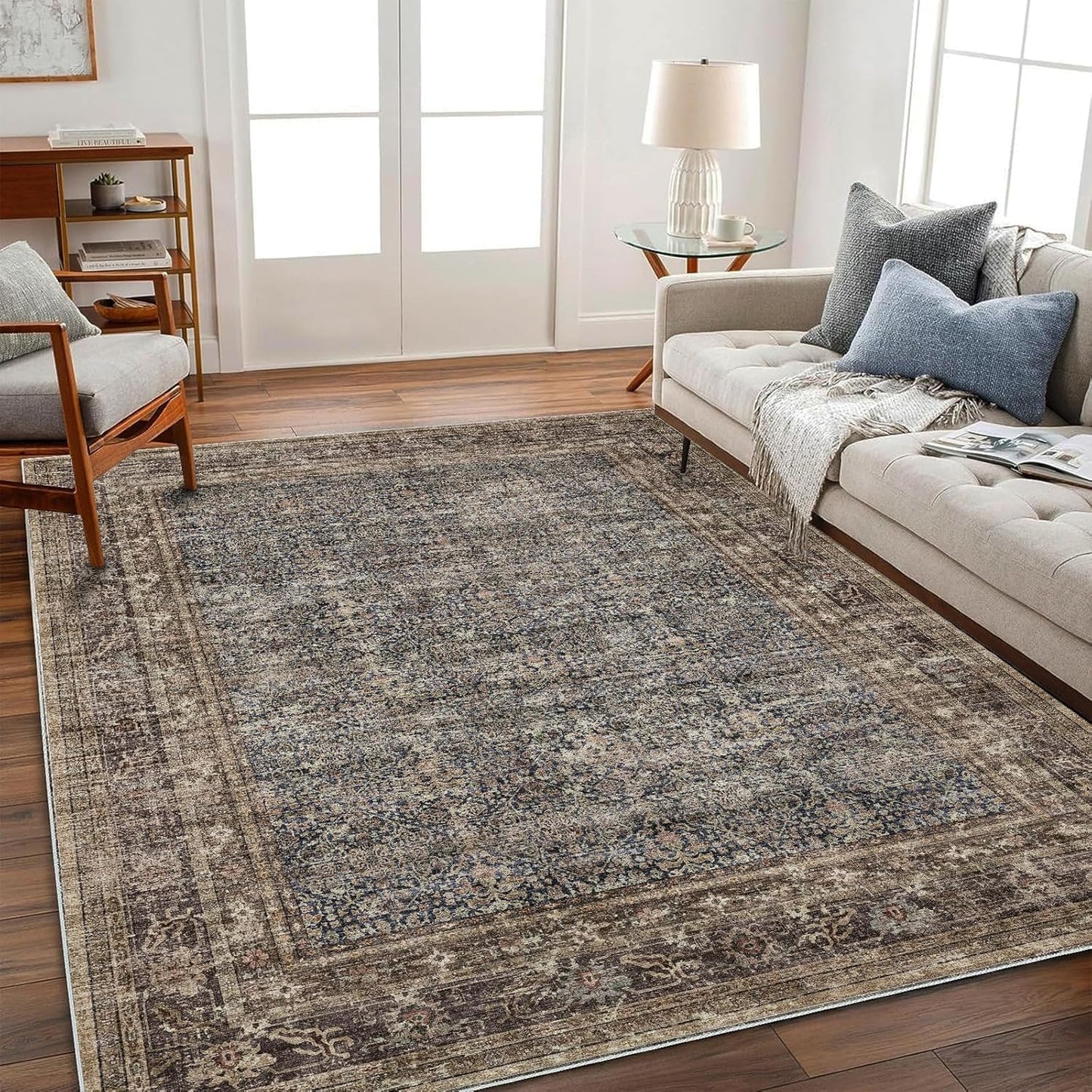 Washable Area Rug 4'x6' Traditional Floor Cover Foldable Thin Rugs Retro Kitchen Indoor Distressed Non Slip Carpet Floral Print Mat Bedroom Living Room