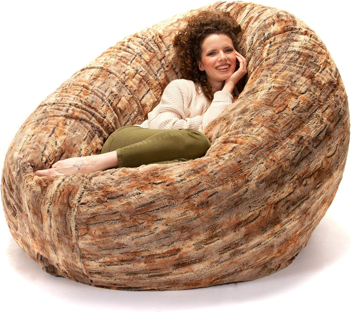 Jaxx 6 Foot Cocoon - 2-in-1 Convertible Bean Bag Bed & Large Bean Bag Chair for Adults, Premium Luxe Faux Fur - Red Fox
