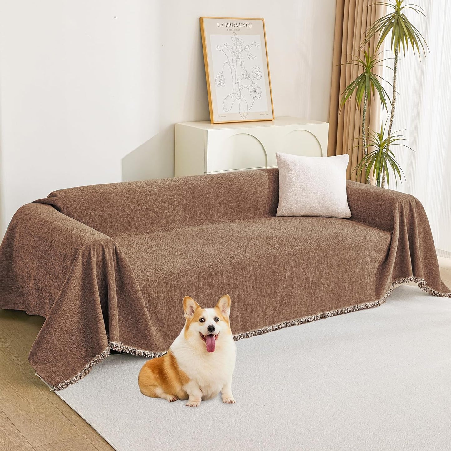 MYSKY HOME Loveseat Cover Camel Couch Cover Sectional Couch Covers for 2 Cushion Couch Sofa Thick Universal Chenille Sofa Cover with Tassel Durable Furniture Protector for Dogs 91" x 118"