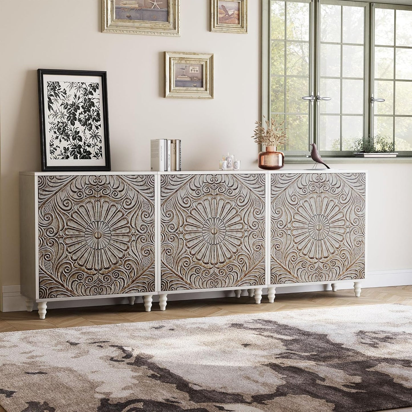 COSIEST Set of 3 32" Buffet Sideboard Cabinets with Storage, Accent Cabinet with Push-to-Open Doors, Vintage Flower Carved Pinewood Doors, Entryway Console for Living Room, Kitchen, Hallway, Gray
