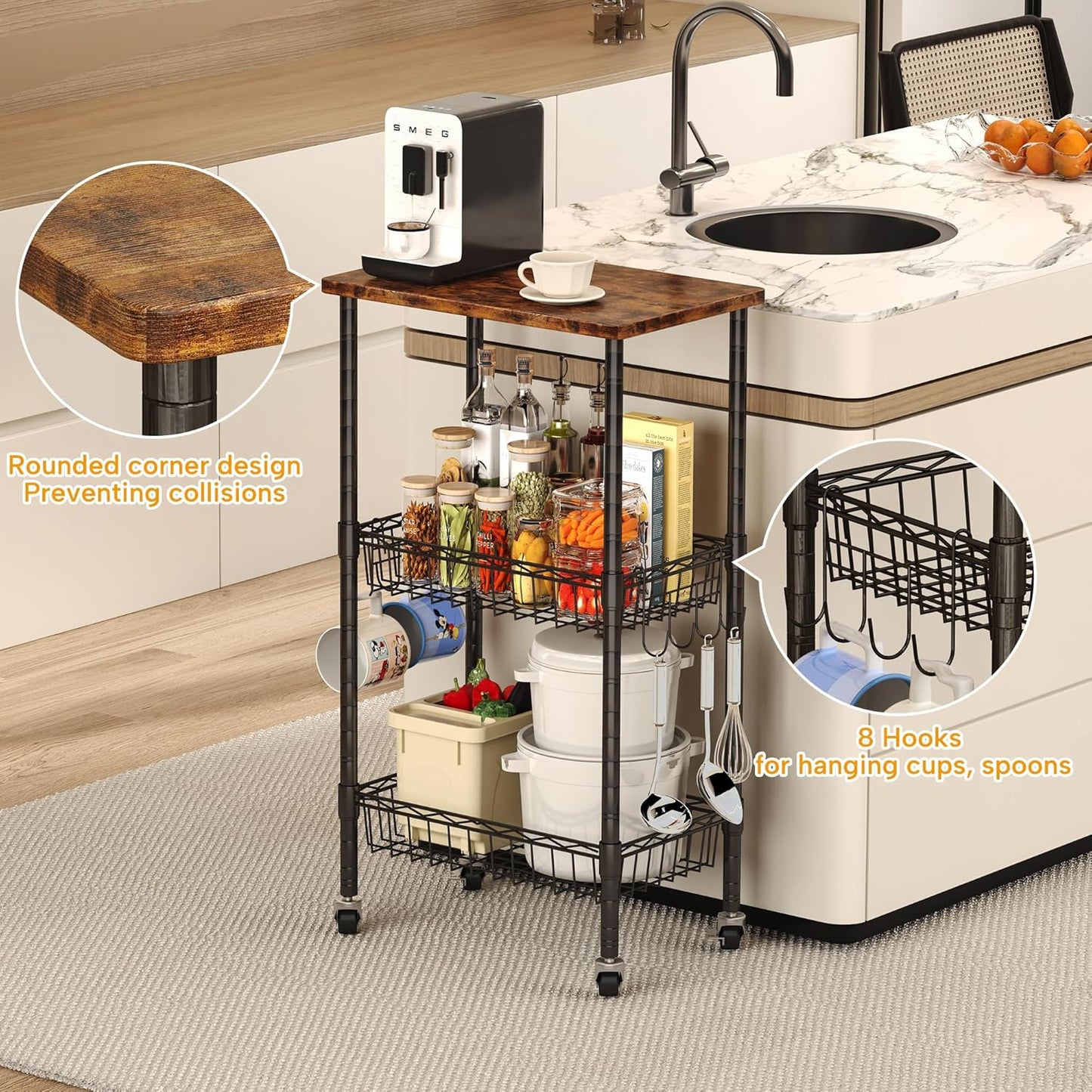 Rolling Kitchen Storage Cart, 3-Tier Storage Rack on Caster Wheels with Adjustable 2 Baskets, Coffee Station Cart Rack Shelf Organizer for Living Room Office, Balcony, Rustic Brown/Black