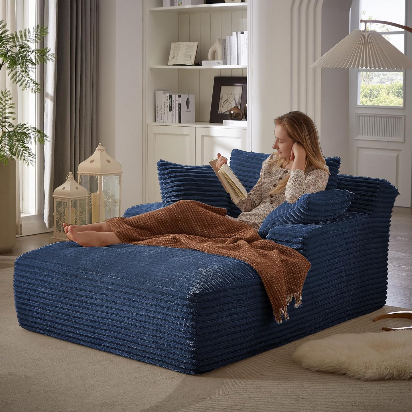 Oversized Chaise Daybed Lounge Sleeper Chair Sofa Bed Indoor, Fluffy Corduroy Upholstered Sleeper Recliner Sofabed Full Foam Boneless Cloud Sofabed W/3 Pillows for Home/Apartment Living Room Bedroom