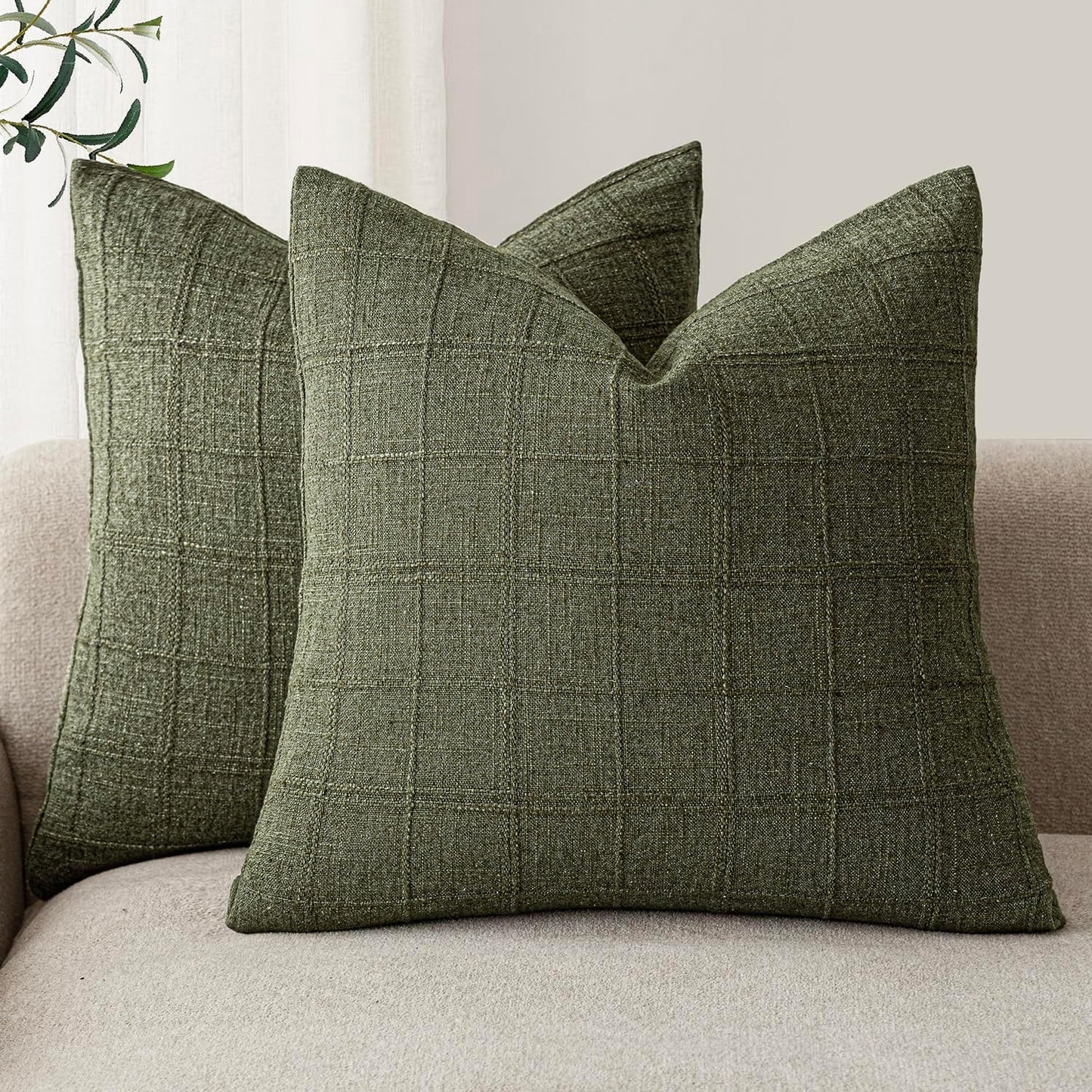Foindtower Set of 2 Decorative Linen Check Throw Pillow Covers Neutral Farmhouse Vintage Cushion Covers Modern Boho Home Decor for Sofa Chair Couch Bedroom Living Room Outdoor,26×26 Inch,Olive Green