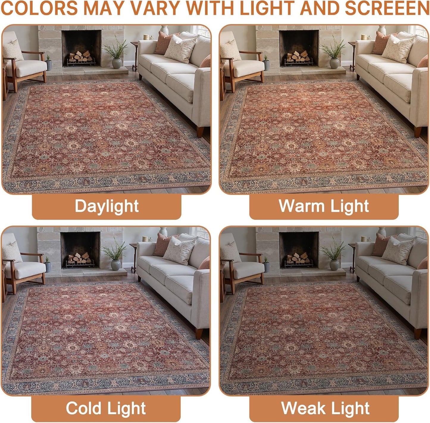 10X14 Area Rugs Machine Washable Rugs for Living Room, Vintage Boho Large Rugs for Bedroom Dining Room, Non Slip Indoor Soft Distressed Lightweight Thin Low Pile Carpet, Red Brown