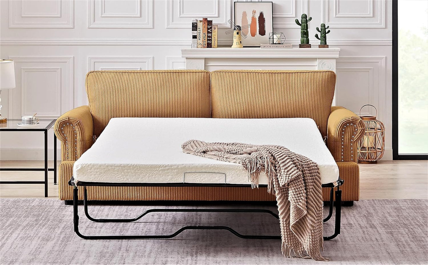 Reversible Sleeper Sofa Bed with Comfortable Memory Foam Mattress, Convertible Corduroy Full Size Pull Out Couch for Living Room, Space Saving Furniture, 72" Wide, Rounded Arms, Ginger