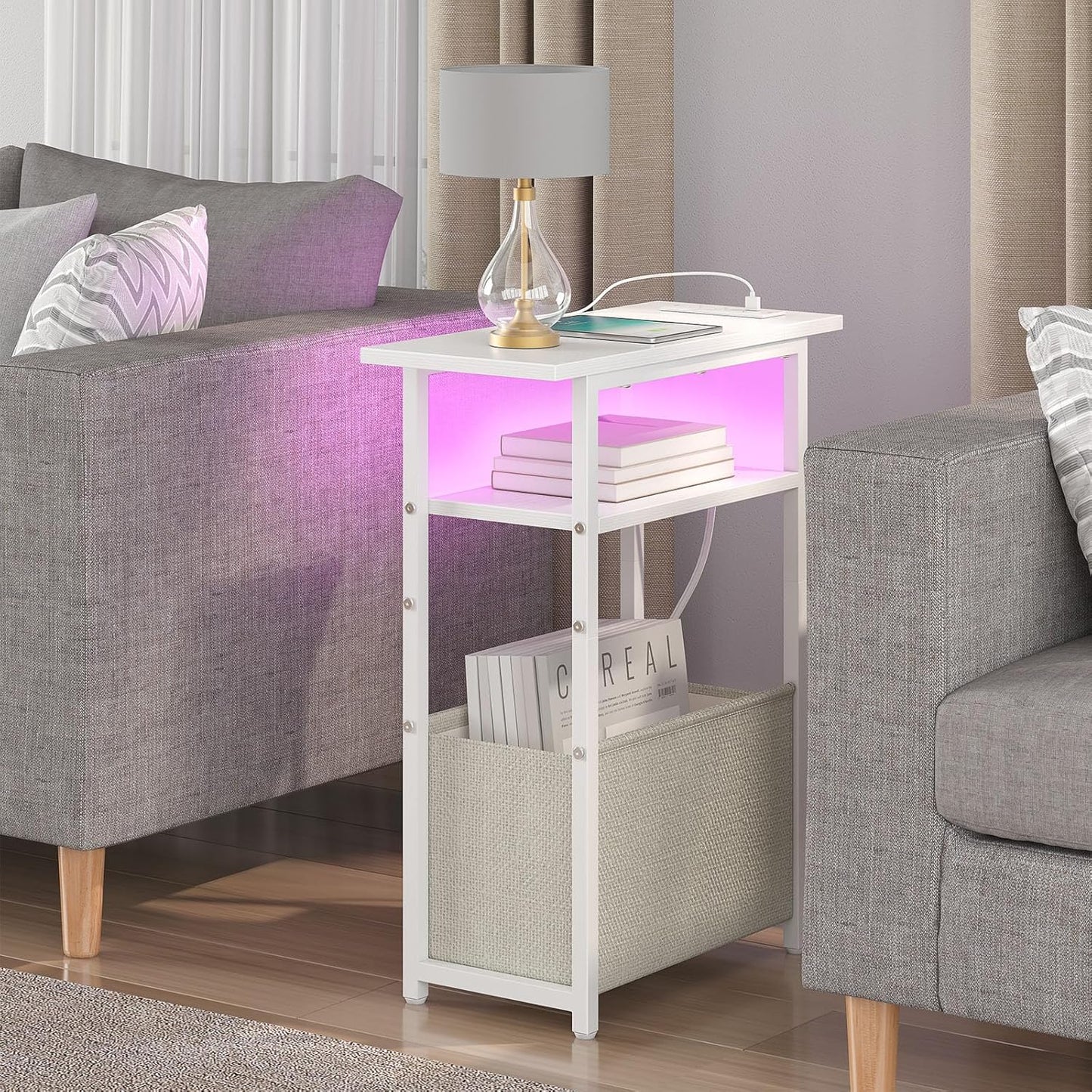 Narrow Side Table with Charging Station, LED End Table Set of 2 for Small Spaces, Skinny Nightstands Set 2 with Storage Basket, 3 Tier Sofa Bedside Tables for Living Room,Bedroom, White