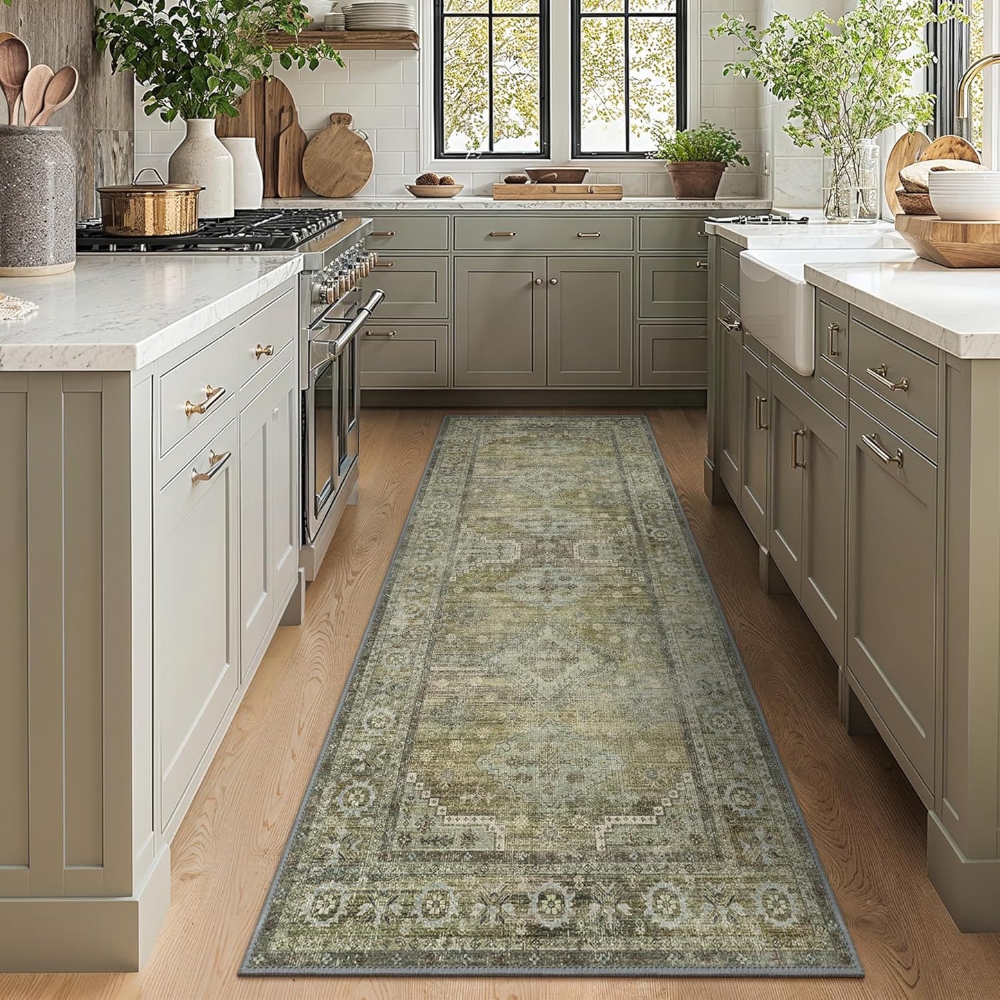 GENIMO Runner Rug 2x5 Non Slip Machine Washable Vintage Hallway Runner Rugs, Low Pile Lightweight Mat for Living Room, Entryway, Bedroom, Kitchen and Corridor, Distressed Sage
