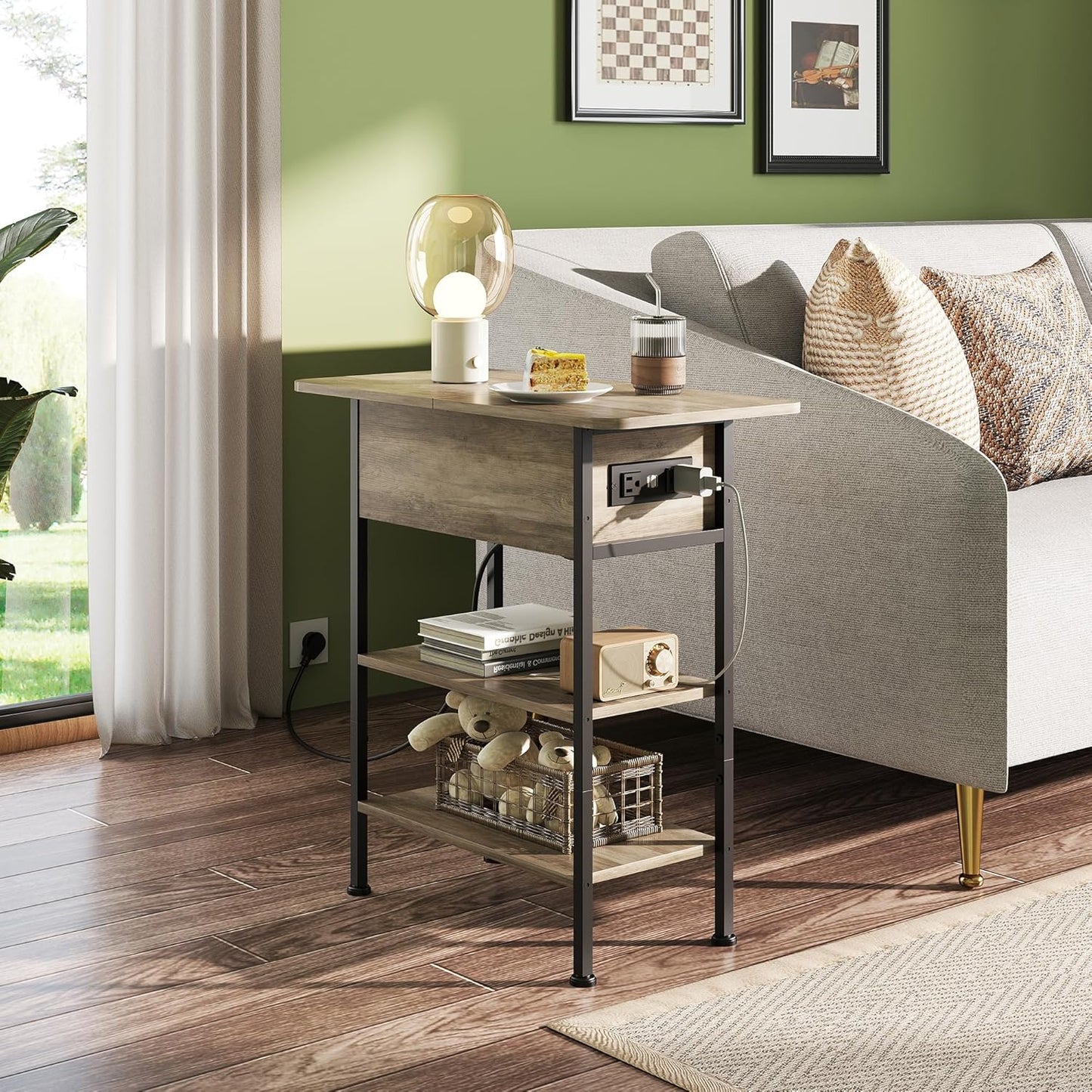 WLIVE End Table with Charging Station, Flip Top Side Table with Storage Shelf, Narrow Bedside Table for Living Room, Sofa Couch Table with USB Ports and Outlets, Bedroom Nightstand, Greige