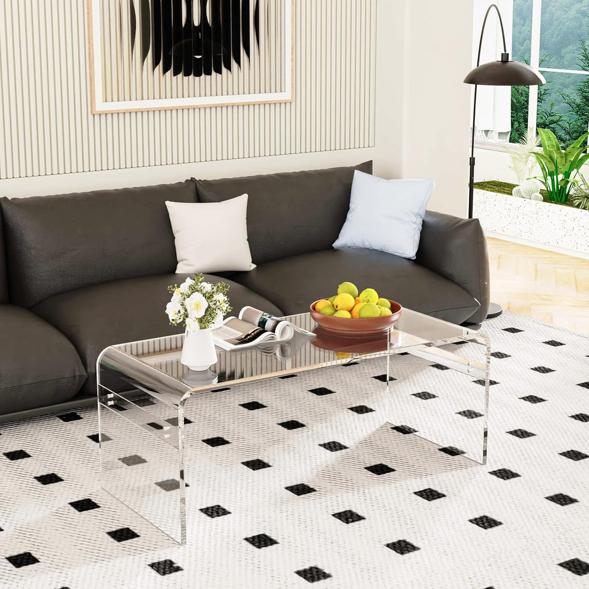 40inch Premium Clear Acrylic Rectangle Coffee Table for Living Room,Mid Century Transparent Waterfall Lowtea Table, Standard Table Size (40"x18"x16") Need Assembly Fit for 2-3 Seat Sofa