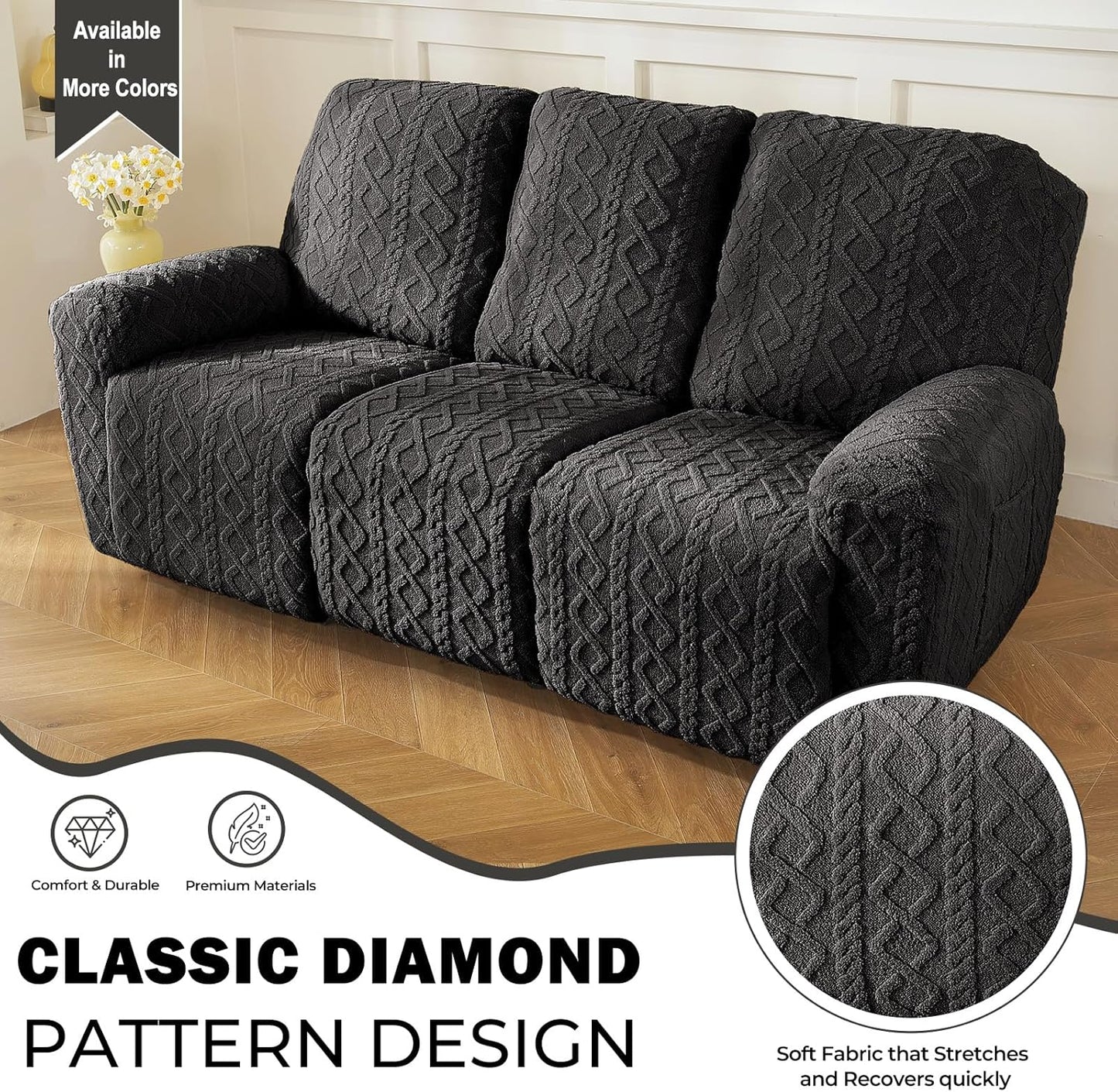 vctops 8 Pieces Geometric Jacquard Plush Recliner Sofa Covers Soft Fuzzy Fluffy 3 Seats Couch Cover Anti-Slip Sofa Slipcover Furniture Protector with Elastic Bottom for Kids Pet(Dark Grey,3 Seat)