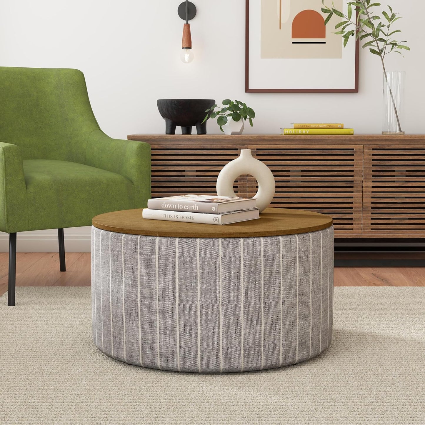HomePop Modern Fabric Storage Ottoman with Wood Top - Midnight Gary Woven Stripe