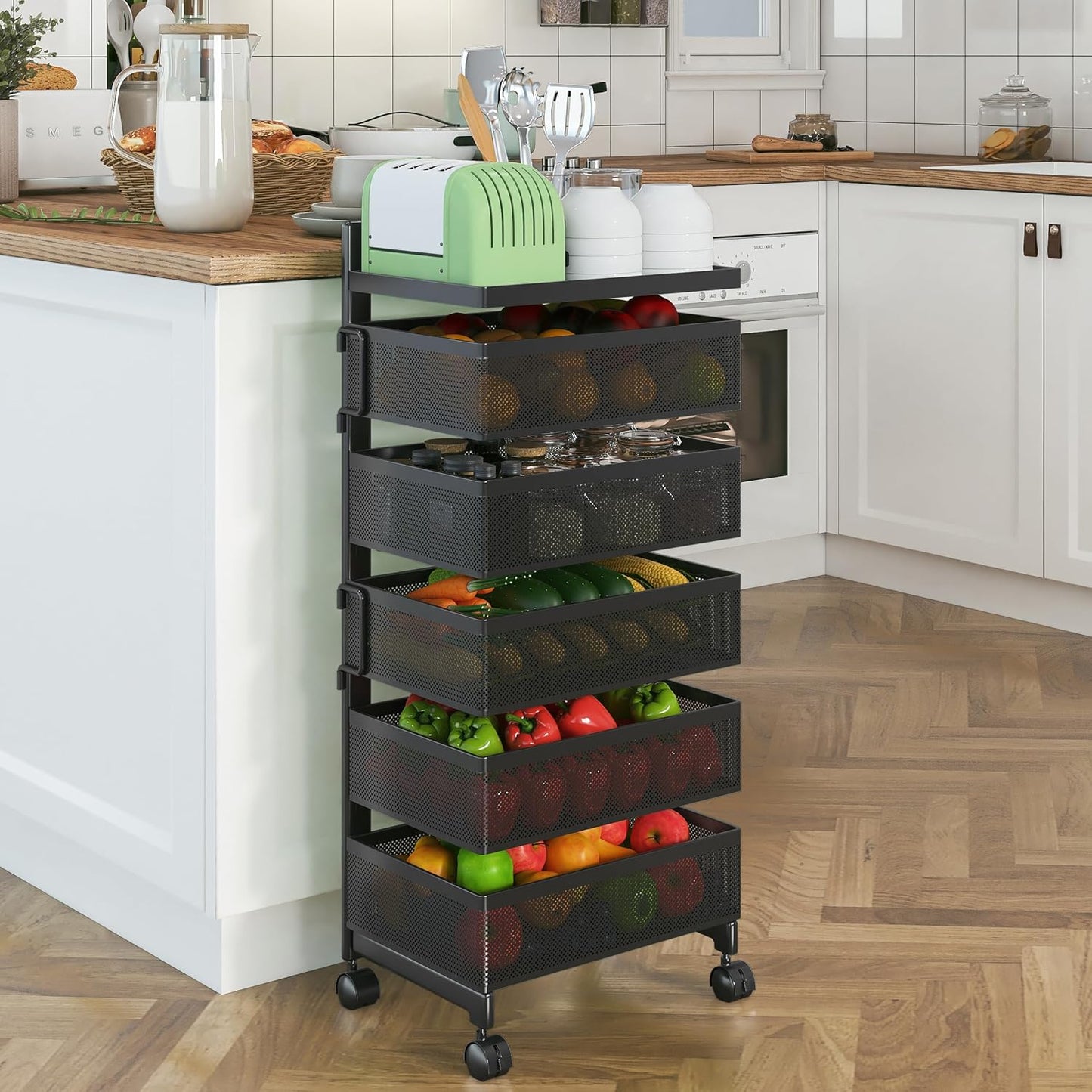 Rolling Rotating Storage Cart No Assembly Required，Bathroom Shelf Fruit and Vegetable Basket for Kitchen,Storage Drawer Organizer Cart ，Metal Utility cart on Wheels(Black, 5 Tier-Square)