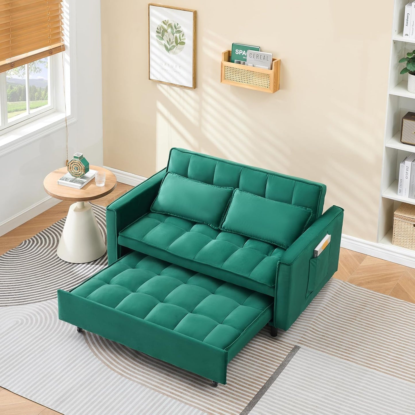 Ball & Cast 55" Convertible Sofa Bed,3 in 1 Sleeper Sofa W/Pull-Out Bed,Convertible Pull Out Couch W/2 Pillows,Adjustable Backrest & Side Pocket,Velvet Futon Couches for Living Room,Apartment,Green