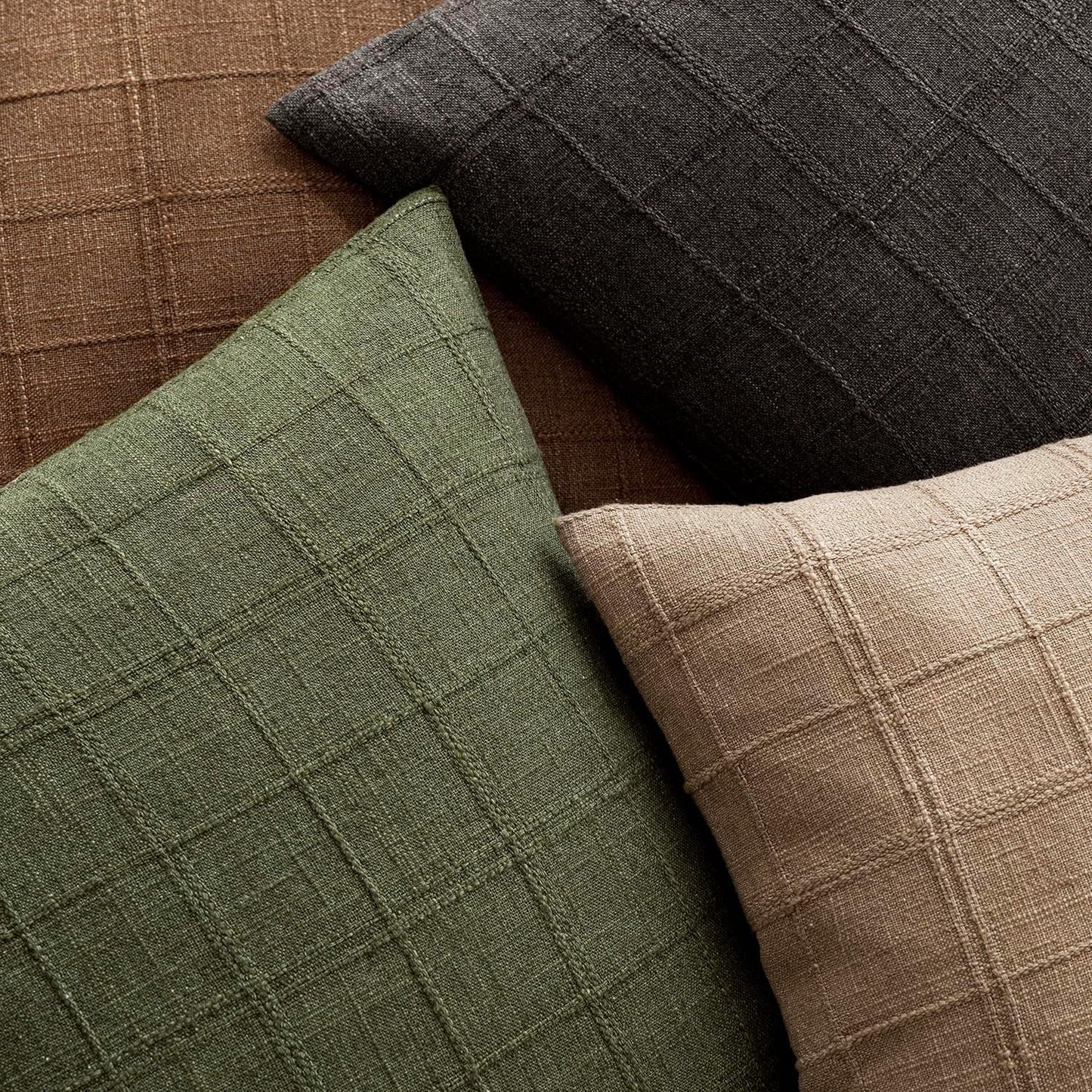 Foindtower Set of 2 Decorative Linen Check Throw Pillow Covers Neutral Farmhouse Lumbar Cushion Covers Modern Boho Home Decor for Sofa Chair Couch Bedroom Living Room Outdoor,12×20 Inch,Brown Hazel