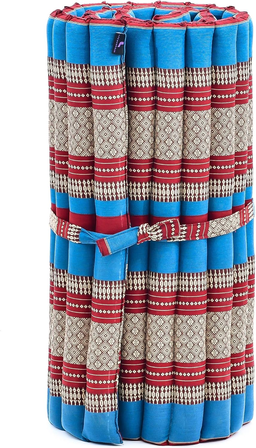 Leewadee - Foldable Floor Mattress - Japanese Roll Up Futon -Trifold Tatami Mat- Guest Floor Bed - Camping Mattress - Thai Massage Mat, Kapok Filled, 75 x 28 inches, Blue Red